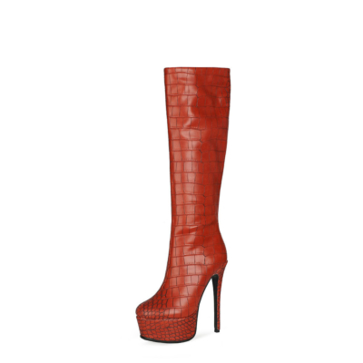 Rote Krokoprägung mit runder Zehenpartie und Stiletto-Plateaustiefel mit Reißverschluss, kniehohe Stiefel