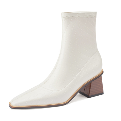 Weiß Croc Print  Ankle Boots Square Toe Stiefel mit klobigen Absätzen