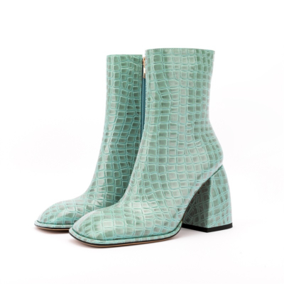 2022 Animal Print Blockabsatz Stiefel Square Toe Ankle Booties mit seitlichem Reißverschluss