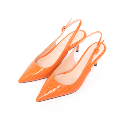 Orange Croc Print Kitten Heel Slingback Pumps Bequeme Slingpumps mit niedrigem Absatz