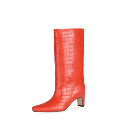 Roter Herbst-Krokodildruck, breite Waden, hohe Stiefeletten, eckige Zehen, niedriger Absatz, kniehohe Stiefel für Frauen