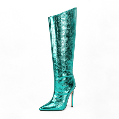 Glänzende metallisch-grüne Krokodilleder-bedruckte Stöckelabsatz-spitze Zehe-hohe Stiefel Kniehohe Stiefeletten mit breiter Wade