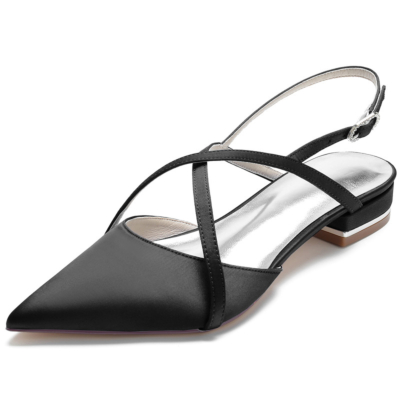 Schwarze Slingback-Flache Schuhe aus Satin mit Kreuzriemen und spitzem Zehenbereich