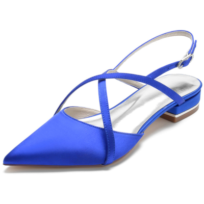 Königsblaue Slingback-Flache Schuhe aus Satin mit Kreuzriemen und spitzer Zehenpartie ohne Rücken