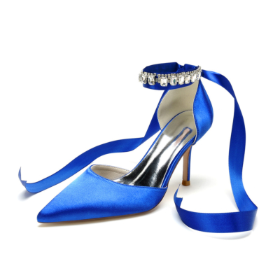 Königsblaue, mit Kristallen verzierte Knöchelriemen-Pumps und Satin-D'orsay-Stiletto-Absätze für die Hochzeit