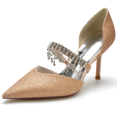 Champagner Kristallverzierte Riemen D'orsay Pumps Schuhe Glitter Stiletto Heels für die Hochzeit