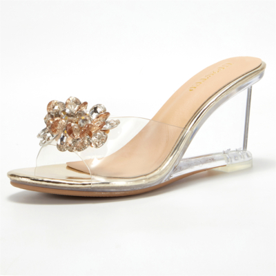 Goldene Kristallblumen, klare Keilabsatz-Sandalen, transparente Slide-Sandalen mit Keilabsatz