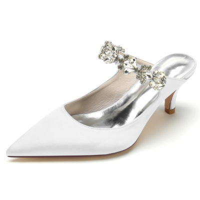 Weiße Crystal Strap Mule Schuhe Satin Brautkleid Pumps Low Heels