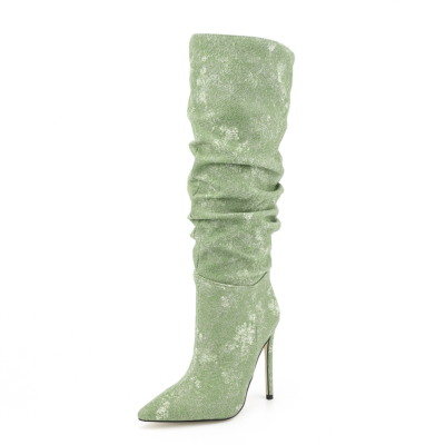 Kniehohe Slouch-Stiefel aus grünem Denim mit spitzem Zehenbereich und Stiletto-Absatz