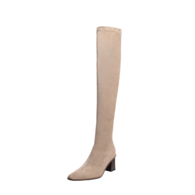 Elastische Overknee-Stiefel aus Wildleder in Nude mit 2,8-Zoll-Absatz