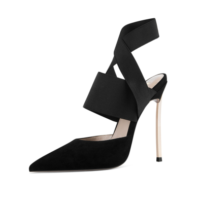 Schwarze, spitze, elastische Slingback-Sandalen mit Kreuzriemen und Stiletto-Absatz
