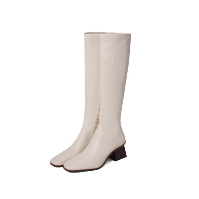 Weiße kniehohe Damenstiefel mit klobigem Absatz und Reißverschluss