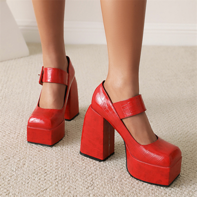 Rote klobige Plattform Mary Janes Croc Prints Buckle Heels für Frauen
