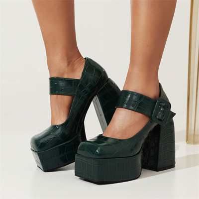 Grüne klobige Plattform Mary Janes Croc Prints Schnallen-Heels für Frauen