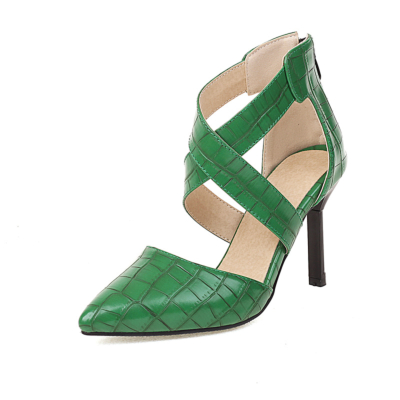 Grüne Stiletto-Heels mit Kroko-Print, Kreuzriemen, spitze Zehensandalen mit Reißverschluss