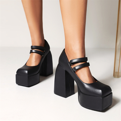Schwarze Plattform Mary Janes Chunky Heel Twin Straps Square Toe Schuhe