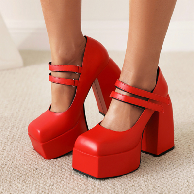 Fashion Platform Mary Janes Chunky Heel Twin Straps Square Toe Schuhe