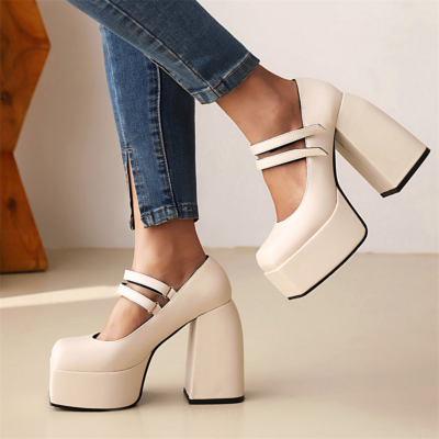 Weiße Plattform Mary Janes Chunky Heel Twin Straps Square Toe Schuhe