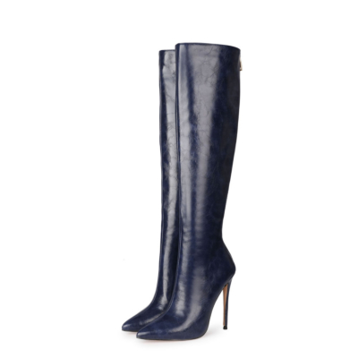 Navy Blue Fashion PU Damen Winter Spitzschuh Kniehohe Stiefel mit Absätzen