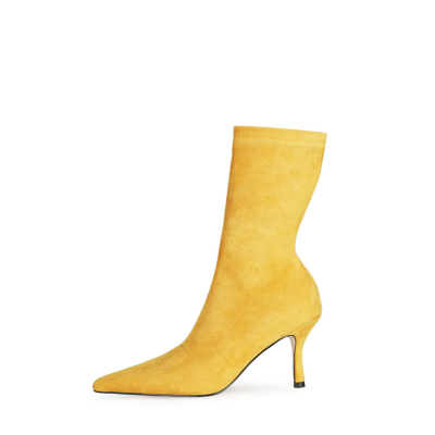 Gelbe Mode-Wildleder-elastische Socken-Stiletto-Stiefeletten mit spitzen Zehenabsätzen