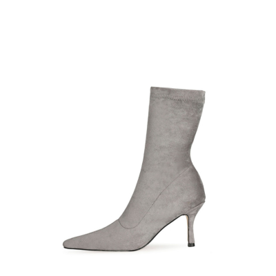 Graue Mode-Wildleder-elastische Socken-Stiletto-Stiefeletten mit spitzen Zehenabsätzen