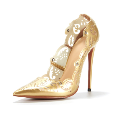 Goldene Blume aushöhlen Lace Up Stöckelschuhe Spitzschuh Sexy Schuhe