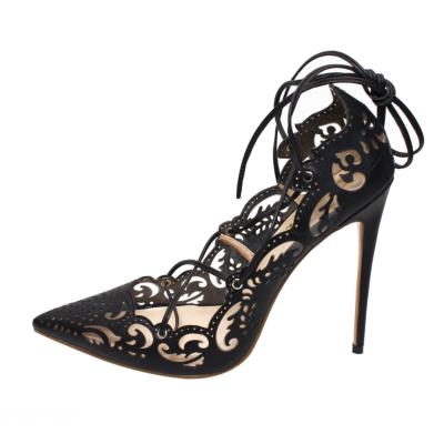 Schwarze Blume, aushöhlen, Schnürung, Stiletto-Absatz, 12,7 cm, spitze Zehen, sexy Schuhe