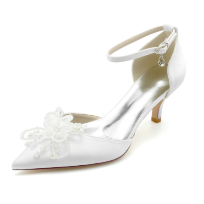 Weiße Blume Satin D'orsay Pumps Ankle Strap Low Heels für Dates
