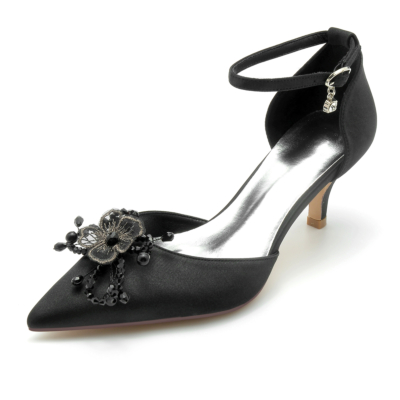 Schwarze Blume Satin D'orsay Pumps Ankle Strap Low Heels für Dates