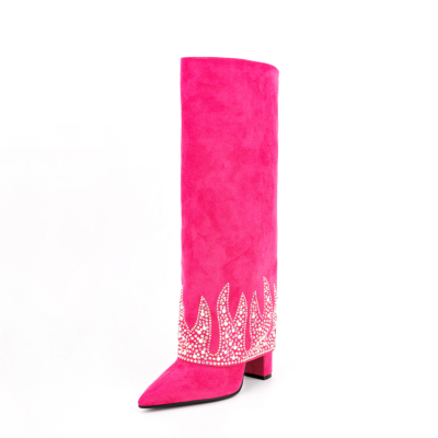Fuchsia Fold Over Boots Pailletten Blockabsatz kniehohe Stiefel für Party