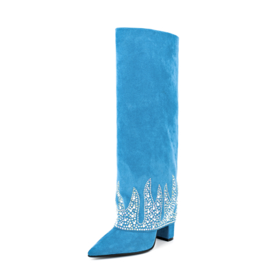 Blaue Stiefel mit Pailletten und Blockabsatz, kniehohe Stiefel für Partys