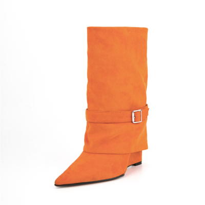 Orange Foldover Mid-Calf Stiefel Keilabsatz Damen Stiefel