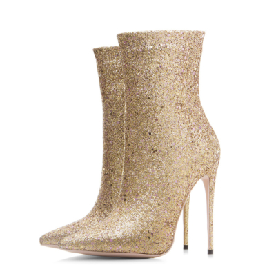Goldene Glitzer-Stiletto-High-Heels-Sockenstiefel mit elastischem Stretch-Kleid und Ankle-Booties