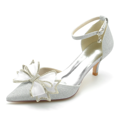 Silber Glitter Bow Pumps D'orsay Kitten Heels Pailletten Schuhe für die Hochzeit