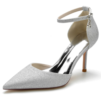 Silber Glitter D'orsay Heels Pailletten Ankle Strap Pumps mit Stiletto-Absatz