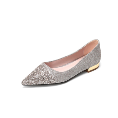Silberfarbene, glitzernde flache Schuhe mit spitzer Zehenpartie und Pailletten, Arbeitsschuhe für Damen