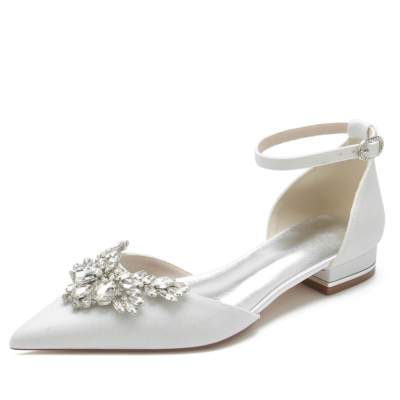 Weiße glitzernde, juwelenbesetzte D'orsay-Flats, Hochzeitsschuhe mit Knöchelriemen und Strasssteinen
