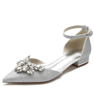 Silber glitzernde, juwelenbesetzte D'orsay-Flats, Hochzeitsschuhe mit Knöchelriemen und Strasssteinen