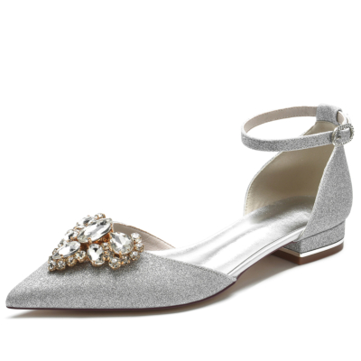Flache Schuhe mit spitzem Zehenbereich und Knöchelriemen in Silber mit Glitzer