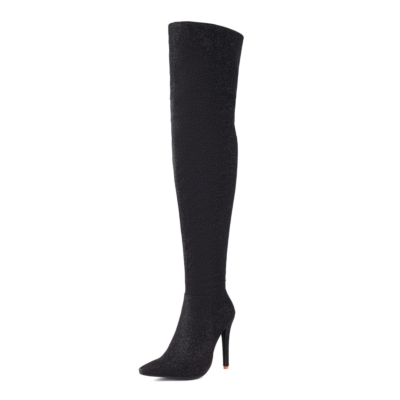 Schwarze, glitzernde, spitze Zehen-Stiletto-Absatz-Mode-Oberschenkelhohe Stiefel