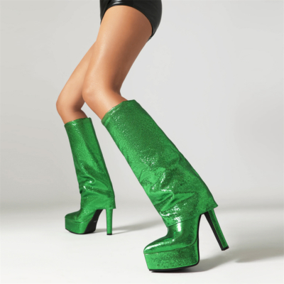 Grüne glitzernde Overknee-Stiefel mit spitzer Zehenpartie und Stiletto-Absatz