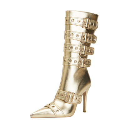 Kniehohe Stiefel mit goldenen Metallic-Riemchen und Stiletto-Absatz