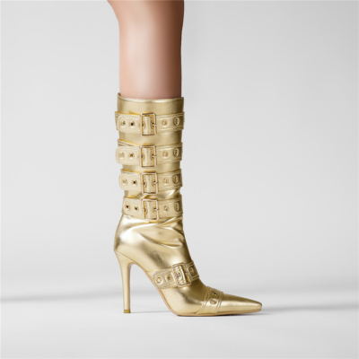 Kniehohe Stiefel mit goldenen Metallic-Riemchen und Stiletto-Absatz