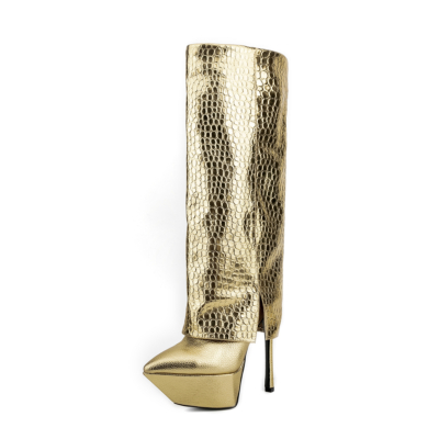 Goldene Plateau-Stilettos mit spitzer Zehenpartie und kniehohen Stiefeln