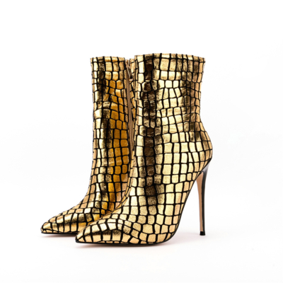 Gold Metallic Snake Print Stiletto Stiefel 5 Zoll High Heel Dress Ankle Booties