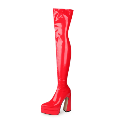 Rote Overknee-Stiefel mit klobigem Absatz und Reißverschluss am Rücken, lange Stiefeletten