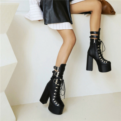 Gothic Lace Up & Buckle Combat Ankle Boots Plattform Chunky Heels Tall Booties
