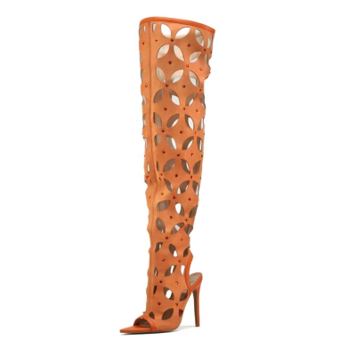 Orange Hollow Out Suede Open Toe Stiletto Heel Slingback Over the Knee Summer Boots