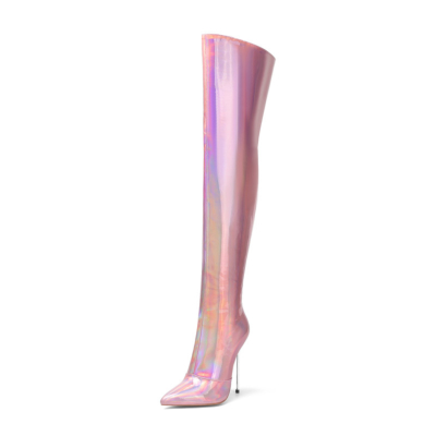 Pinke, holografische, oberschenkelhohe Stiefel mit Absatz, breite Wadenreißverschluss-Stiletto-Stiefel