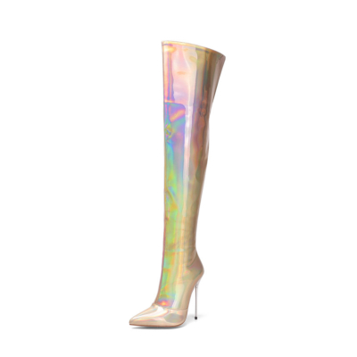 Oberschenkelhohe Stiefel mit Hologramm-Absatz Breite Wadenreißverschluss-Stiletto-Stiefel